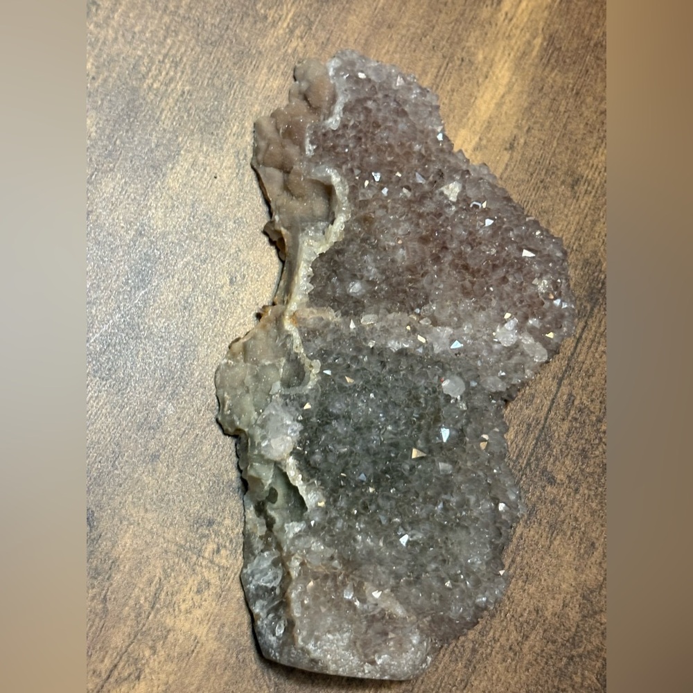 Large Crystal Cluster of Pink Chalcedony and Smoky Quartz Geode Slab - Picture 3 of 7